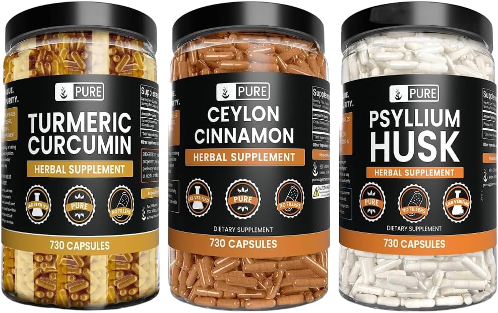 PURE ORIGINAL INGREDIENTS Ceylon kanel, Psyllium Husk og Turmeric Capsule Bundle (730 kapsler hver), ingen magnesium eller risfyllinger