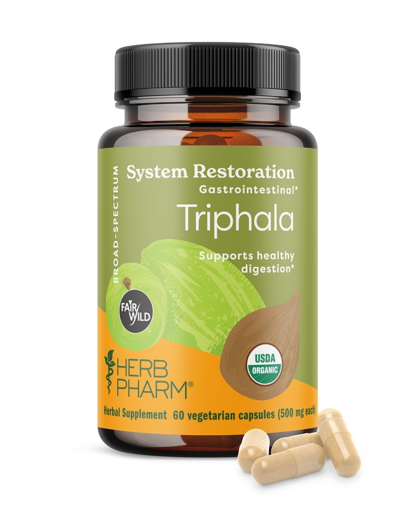 Herb Pharm USDA Organic Triphala Capsules  Clean Cleansing & Detoxification Support & Digestive Health Support Med Amla, Haritaki & Bibhitaki, FAIRWILD® Certified ® 60 Vegan Capsules, Opptil 30 dagers forsyning*