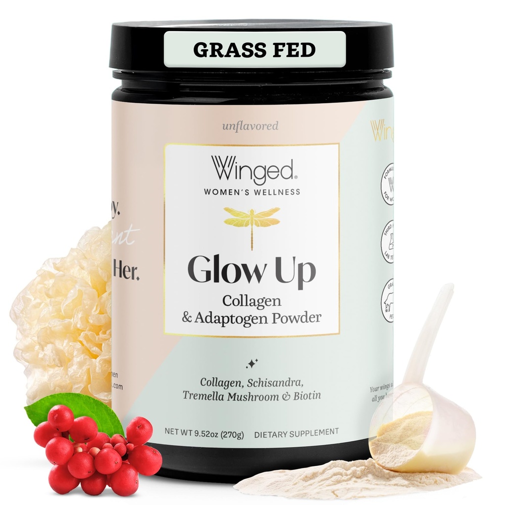 Winged Wellness Glow Up, kollagen pulver for kvinner - Hår, hud og negler Beauty Supplement med Grass-Fed Hydrolysert kollagen Peptides Adaptogens, Vitamin C & Biotin - 25 serveringer, uslavored