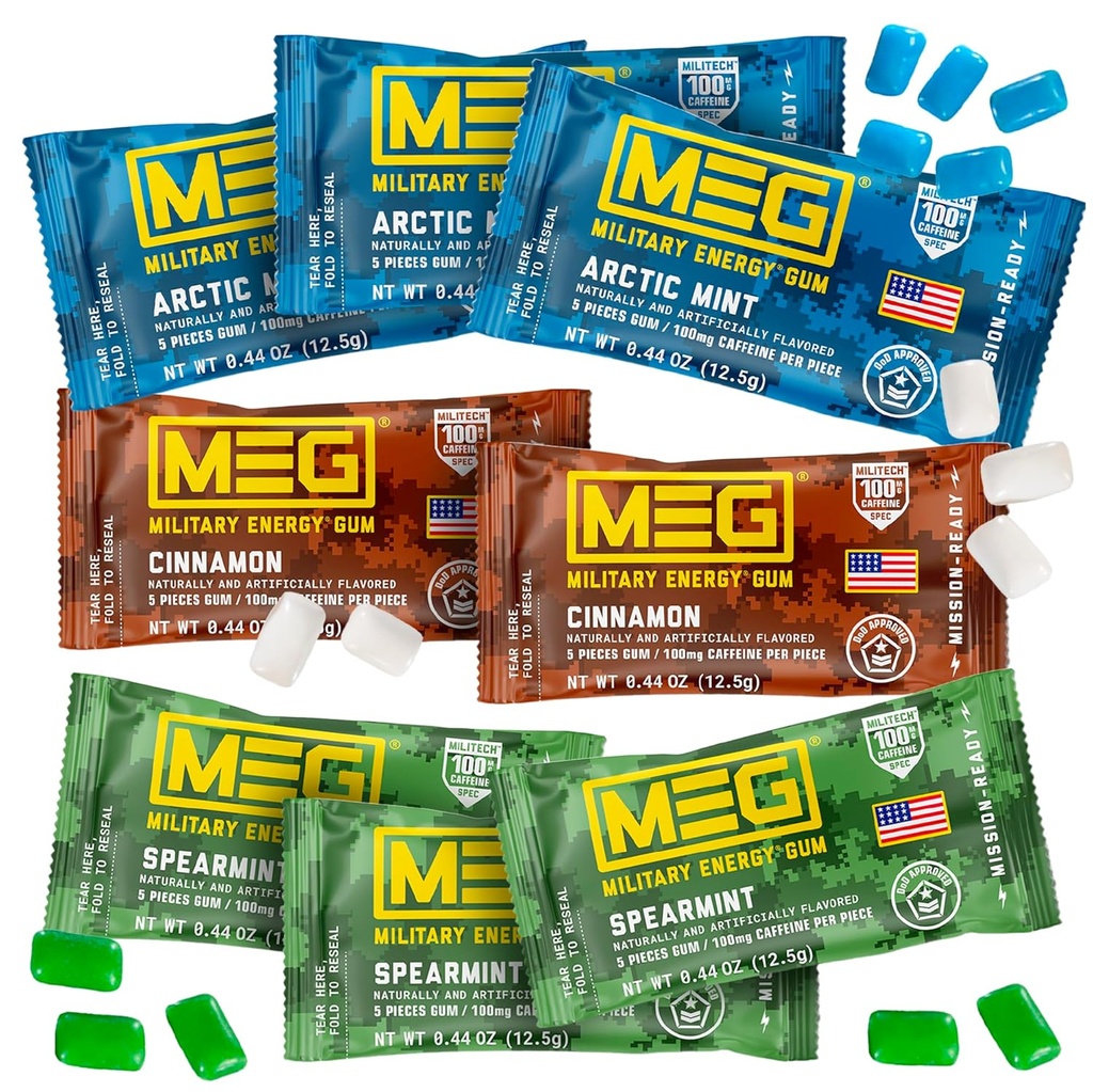 MEG - Militær energi Gum | 100mg koffein per stykke + Øke energi + Øke fysisk ytelse + multiflavors av Arctic Mint , Spearmint, & Cinnamon + 8 pakker (40 greve)