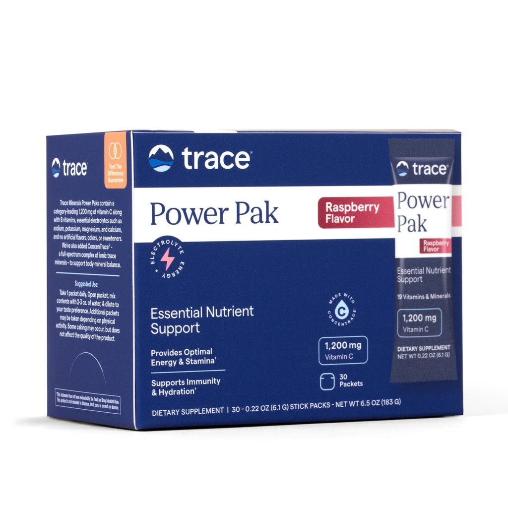Trace Minerals Power Pak Multivitamin og Multimineral Packets - Electrolyte Support - 1200 mg Vitamin C Plus 70 Raspberry Flavor - 30 Pakker