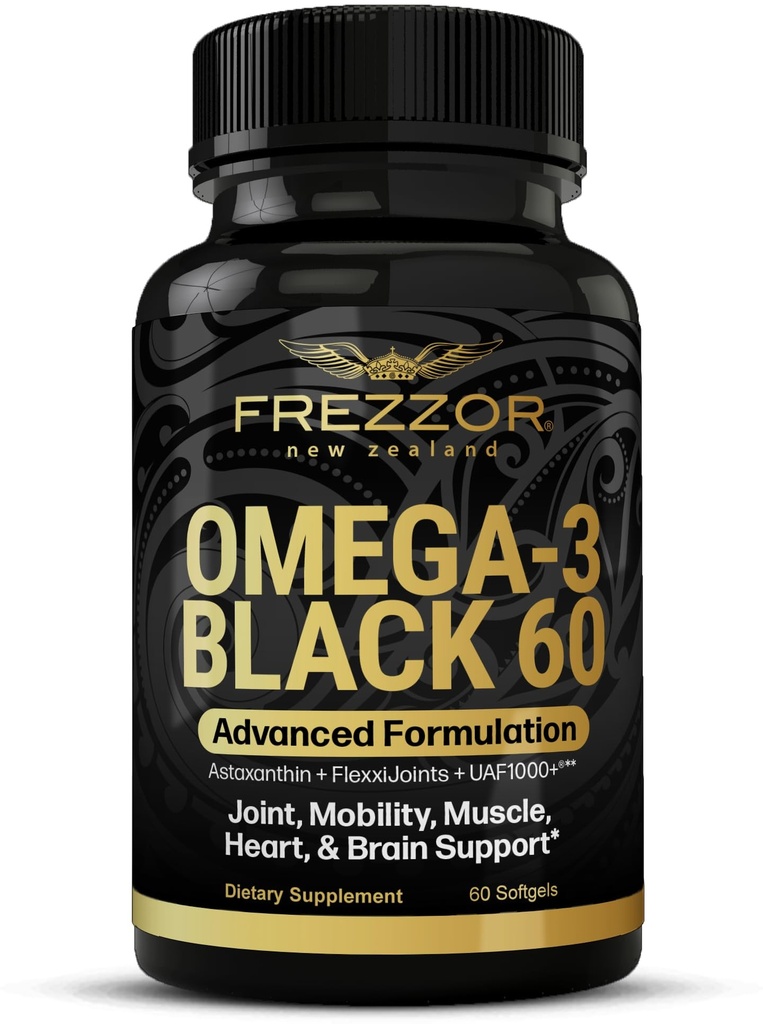 FREZZOR Omega 3 Svart for felles omsorg & komfort - New Zealand Grønn Lipped Mussel Olje Kapsler; 53x høyere styrke med UAF1000+ Super Antioksidant, Ingen fiskbar Ettersmak, 1-Pack, 60 Softgels