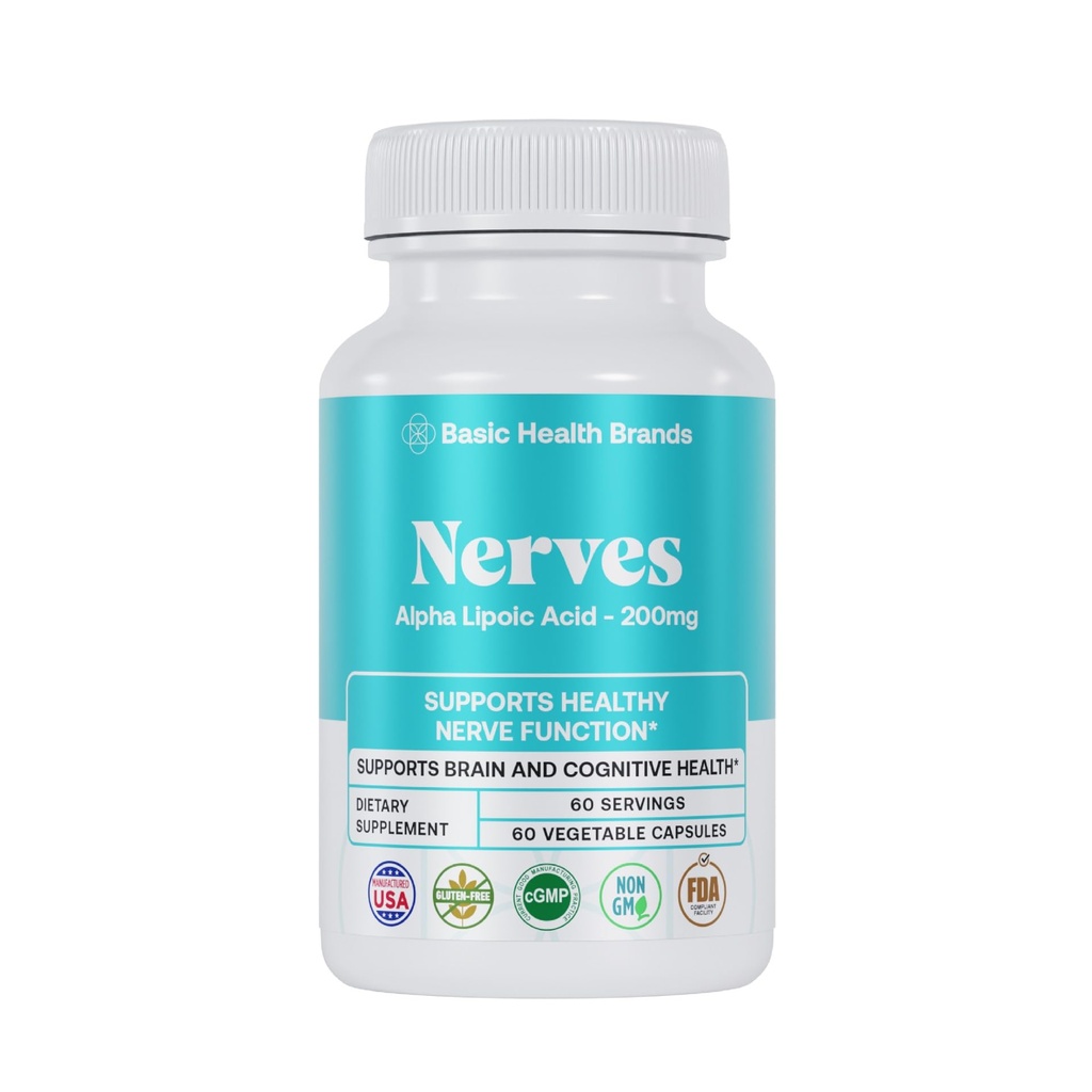 Grunnleggende merker Nerver Alpha Lipoic Acid, 200 mg, nevronfunksjon (pakke med 1)