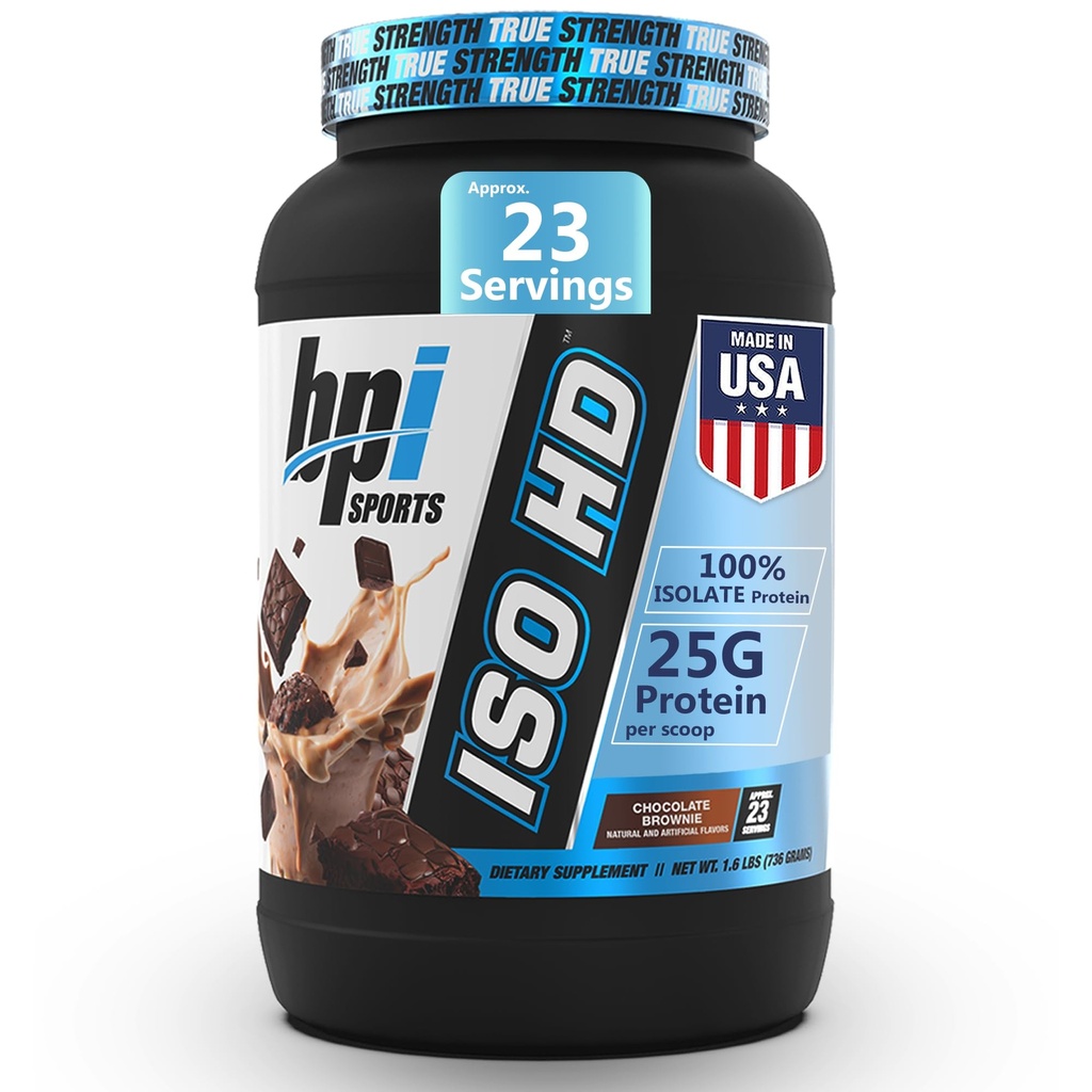 BPI Sports ISO HD Isolate Protein Powder – 100% Whey Isolate, Protein pulver for muskel gevinst - sjokolade Brownie - 1,6 Lb - 23 Serveringer