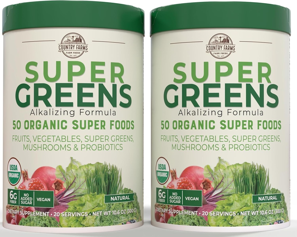 Landbruk Super Greens Natural Flavor, 50 Organic Super Foods, USDA Økologisk Drink Mix, Frukter, Grønnsaker, Super Grønner, Mushrooms & Probiotika, Støtter Energi, 40 Serveringer, 10,6 Oz, 2 Pack