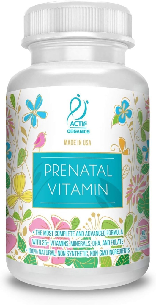ACTIF organisk prenatal vitamin med 25+ organisk vitaminer, 100% naturlig, DHA, EPA, Omega 3 og organisk urteblanding - ikke-GMO, 90 greve