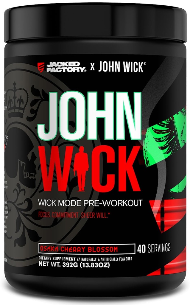 Jacked Factory X John Wick - Wick Mode Pre Workout pulver - Intense Energi, Battle-Ready Focus, Unstoppable Forpliktelse, og Sheer Will - 40 Serveringer, Osaka Cherry Blossom