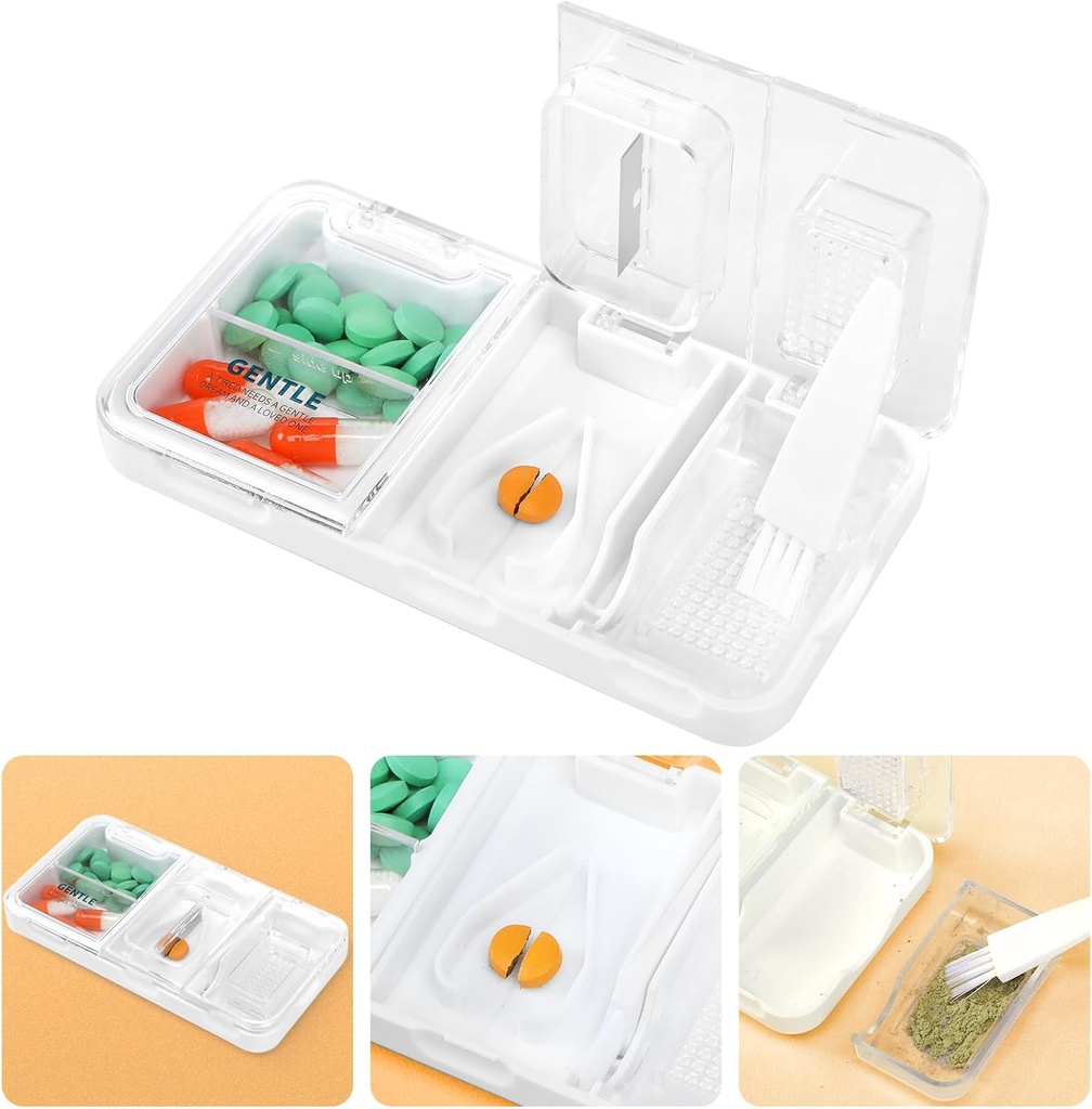 Toplive bærbar 3-i-1 piller cutter og piller sliper og piller holder, nøyaktig enkel skjæring, medisinering Crusher for små store piller, vitamin tabletter splitter for eldre barn kjæledyr, hvit