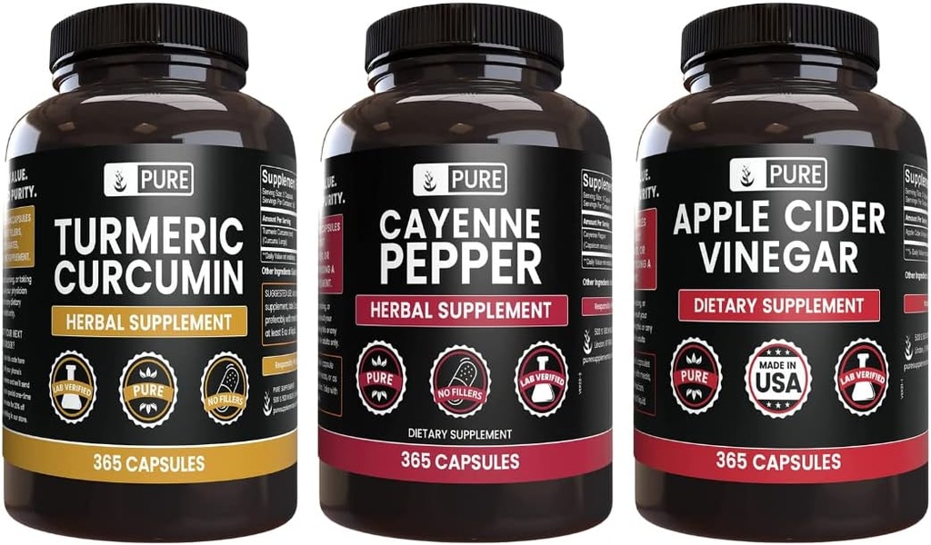 PURE ORIGINAL INGREDIENTS Cayenne Pepper, Turmeric Curcumin, Apple Cider Vinegar Bundle (365 kapsler)