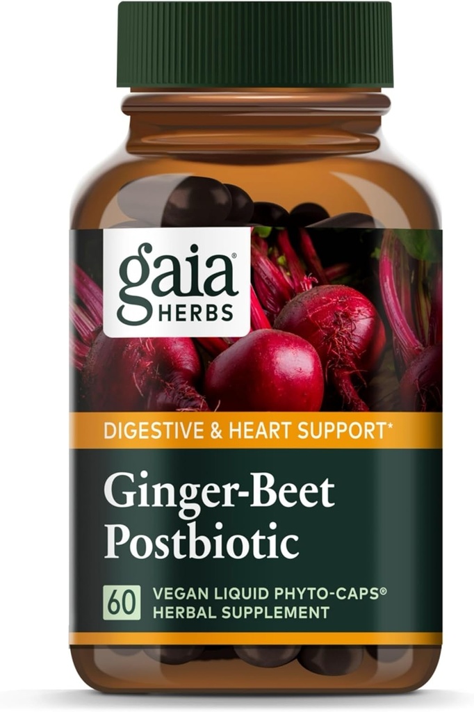 Gaia Herbs Ginger-Beet Postbiotika - Supplement for Gut & Heart Helse Støtte - laget med organiske Fermented Beets & Ginger - Gratis fra Dairy, Soya & Gluten - 60 Vegan Capsules (30 Services)