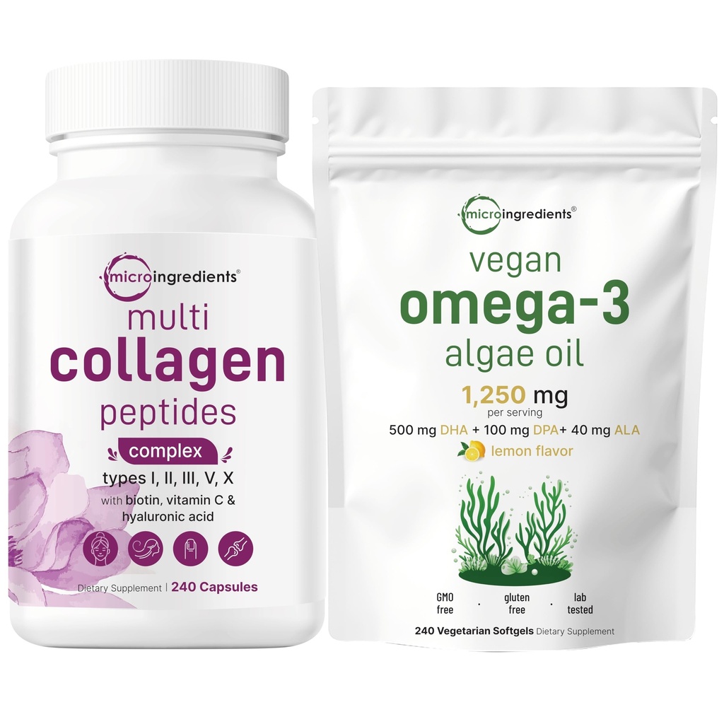 Mikroingredienser Multi Collage Complex & Vegan Omega 3 Algae Olje Supplement Bundle 2 Pack ® Grass-Fed Collage Peptides ® Omega-3 Full Spectrum Alternativ til Fish Oil