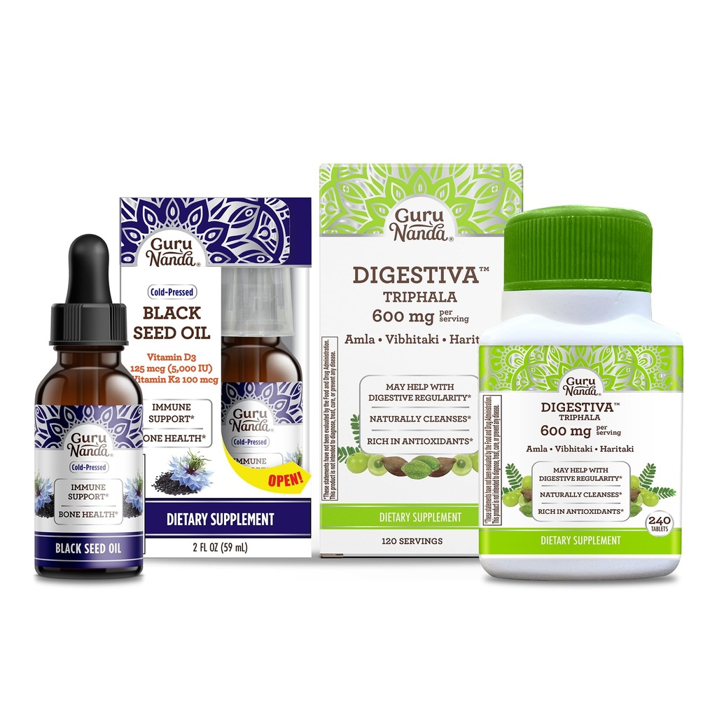 GuruNanda Black Seed Oil, kaldpresset Nigella Sativa - rik på vitamin D3 5000 enheter & Digestiva Tripala (240 tabletter), støtter digestion, hjelper med å blomstre