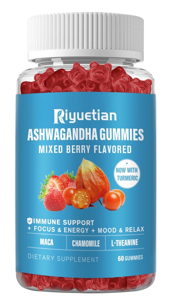Ashwagandha Gummies for kvinner og menn - Stress Relief, Immunstøtte og økt energi - Sukkerfri, Vegansk - Organic Ashwagandha Root Supplements Gummy- Natural Strawberry Flavor (60 greve)