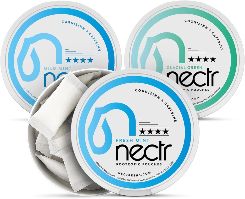 Nectr Energi Nootropic Pouches Mint Mix - Koffein Pouches med Cognizin Citicolin. 3 Flavors: Mild og frisk mynte, og Glacial Green. Sukker-fri, nikotinfri rolig fokus og energi Supplement