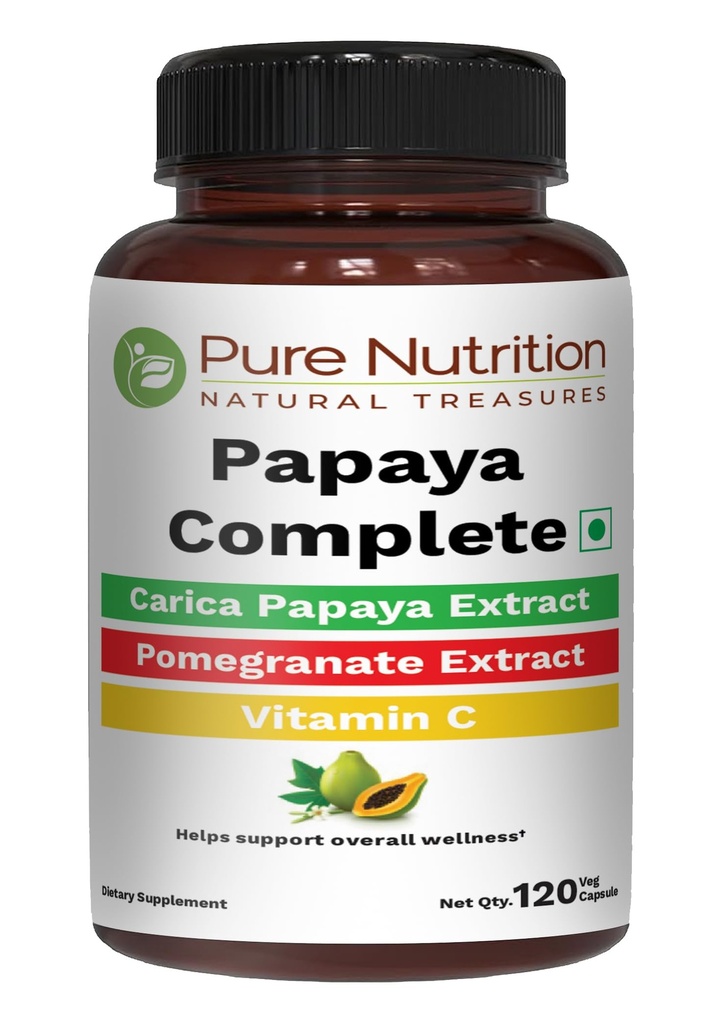 Pure Nutrition Papaya Komplett | 120 Caps | Carica Papaya Leaf Ekstrakt med jern, VIT C, VIT A & Folsyre | støtter trombocyt immunitet & digestion ikke-GMO | Glutenfri