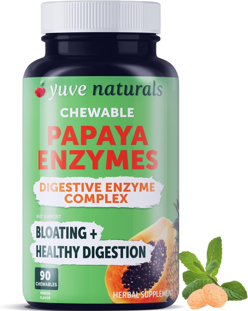 Yuve Natural Papaya Digestive Enzymes - Sukker-fri Chewable Candies - fremmer bedre Digestion - Digestion & Bleating Aid, Detox, Leaky Gut Repair & Gas Relief - Vegan, ikke-GMO, Glutenfri - 90ct