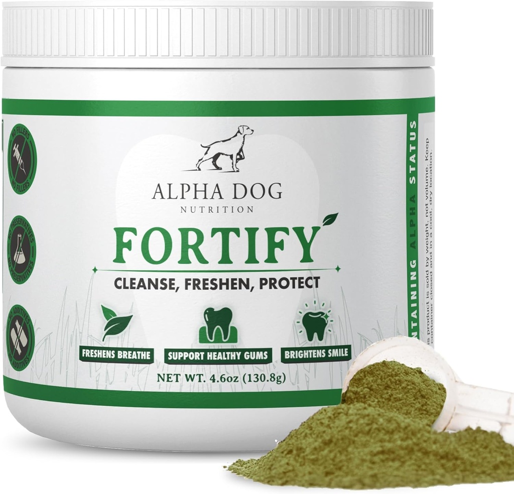 Hunde tannrengjøring pulver - Fortify tannpulver for hunder - Plaque Remover og Freshens dårlig puste med friske grønne kosttilskudd - Inneholder Kelp, probiotika og andre tann rengjøring ingredienser