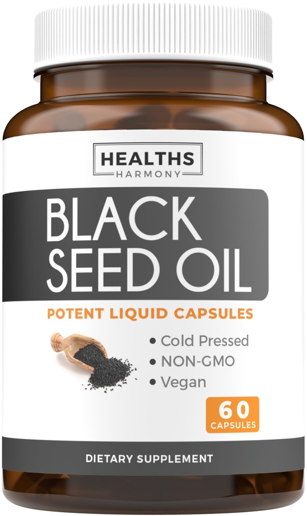 Svart Seed Oil - 60 Softgel Kapsler (Non-GMO & Vegan) Premium Cold-Pressed Nigella Sativa Produserende ren svart cumin frøolje med vitamin E - 500mg Hver, 1000mg per 2 Kapsel servering