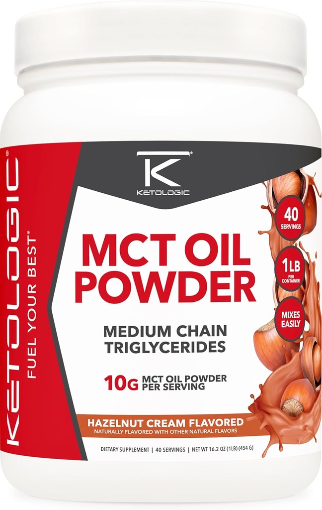 Ketolog MCT olje pulver hazelnut krem (1 LB) – keto kaffe creamer & energistøtte – 41 serveringer av middels kjede triglycerider for fokus og drivstoff