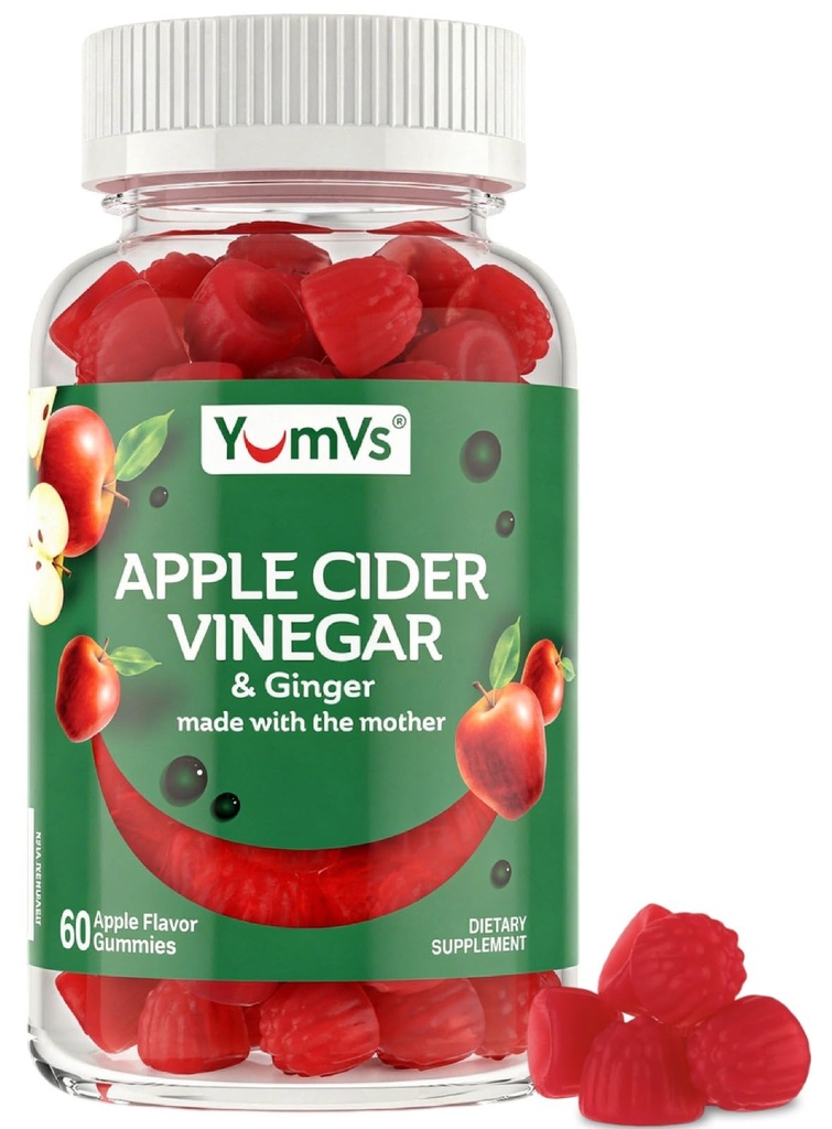YUM-V'S Apple Cider Vinegar Gummies - ACV Gummies med Ginger & Mor - støtter metabolisme, vitalitet og daglig velvære - naturlig Apple Flavor Vegan, ikke-GMO, Glutenfri, Cider Gummy - 60 count