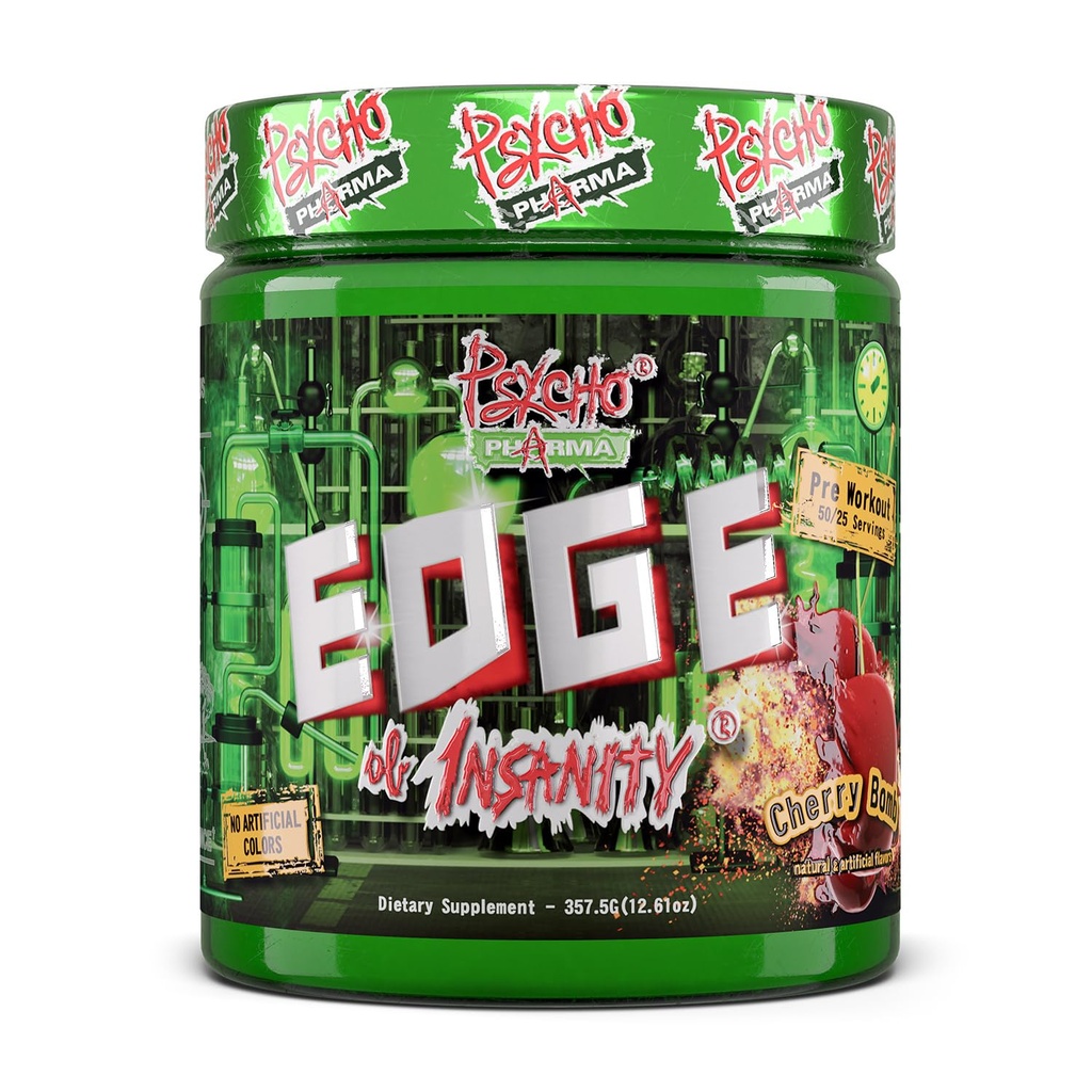 Psycho Pharma Sterkeste høy stimul preworkout pulver - kant av insanitet - mest intens pre trening kosttilskudd for pumper, styrke, energi og føler godt fokus. Rivaler Berømte PWOs fra fortiden