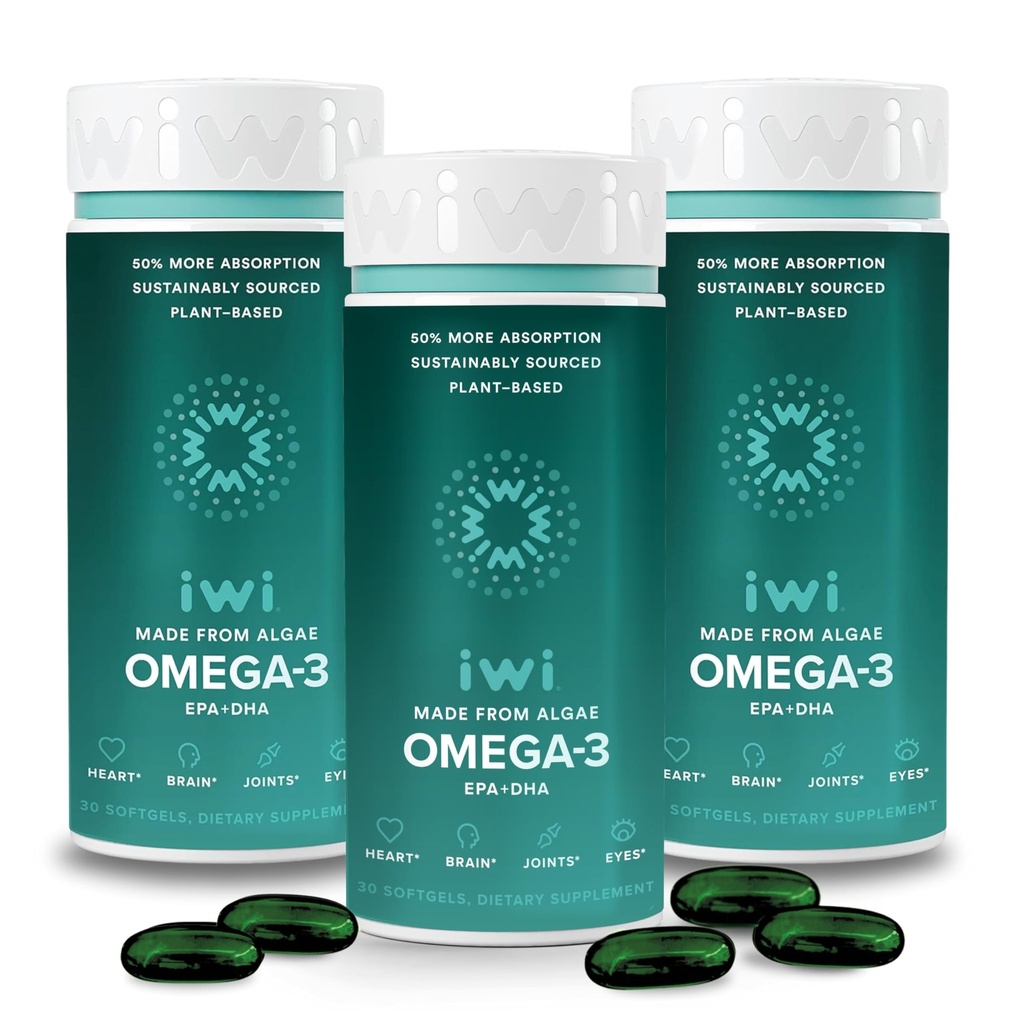 Iwi Omega-3, 90 Softgels (90 serveringer), Vegansk plantebasert Algae Omega 3 med EPA + DHA, hele-Body støtte kosttilskudd, krill & fiskolje alternativ, ingen fiskelig ettersmak