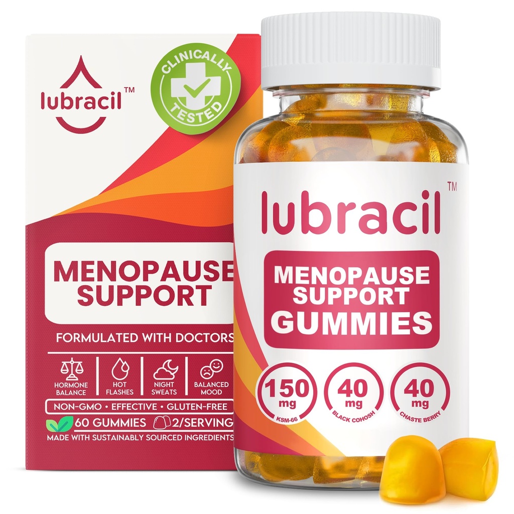Lubracil Menopause Gummies for kvinner - Menopausale kosttilskudd for varme blits, nattesvitser, Mood Swings og Hormonal Balance - daglige vitaminer med svart cohosh & Ashwagandha - 60 gummier (pakke av 1)