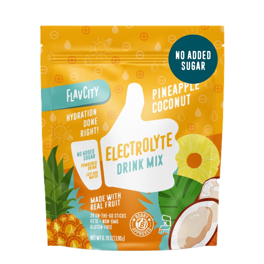 FlavCity Pineapple Coconut Electrolytes Powder Packets - 28 Hydration Packets - Ingen tilsatt sukker - Hydration pulver med ekte frukt og uraffinert sjøsalt - keto & glutenfri (28 Stick Packs)