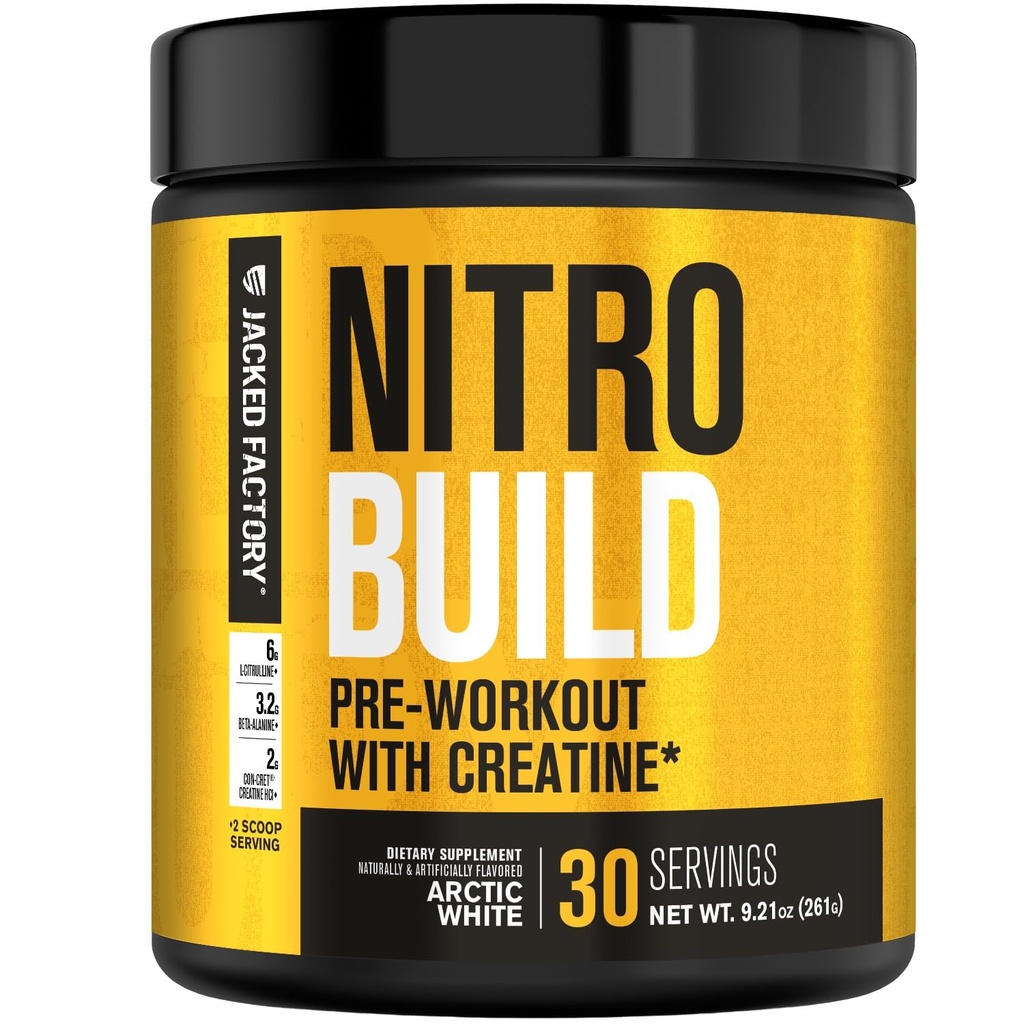Jacked Factory Nitrosurge bygge pre trening med kreatin for muskelbygging - Con Cret Creatine Powder & elevATP for intens energi, kraftige pumper, og endeløs utholdenhet - 30 serveringer, arktisk hvit