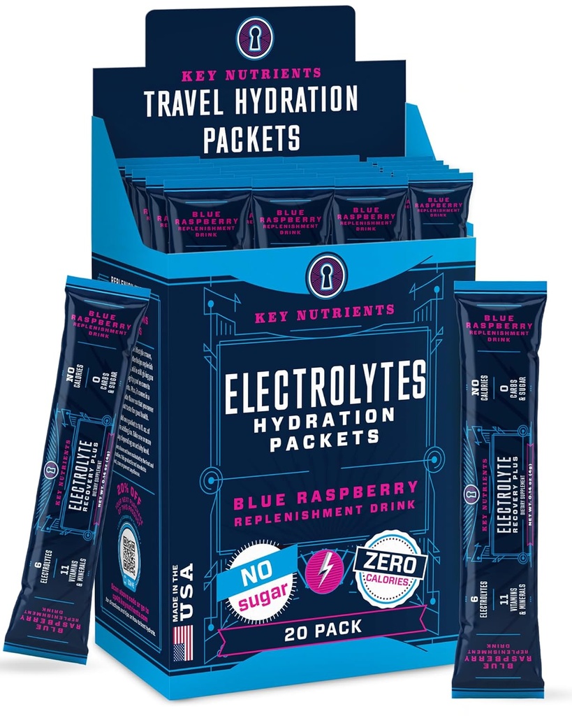KEY NUTRIENTS Electrolytes Powder Packets 20 Pack - Ingen sukker, Delicious Blue Raspberry, Hydration Packets med Electrolyte pulver for forfriskende Electrolyte Drink Blandepakker - Zero kalorier