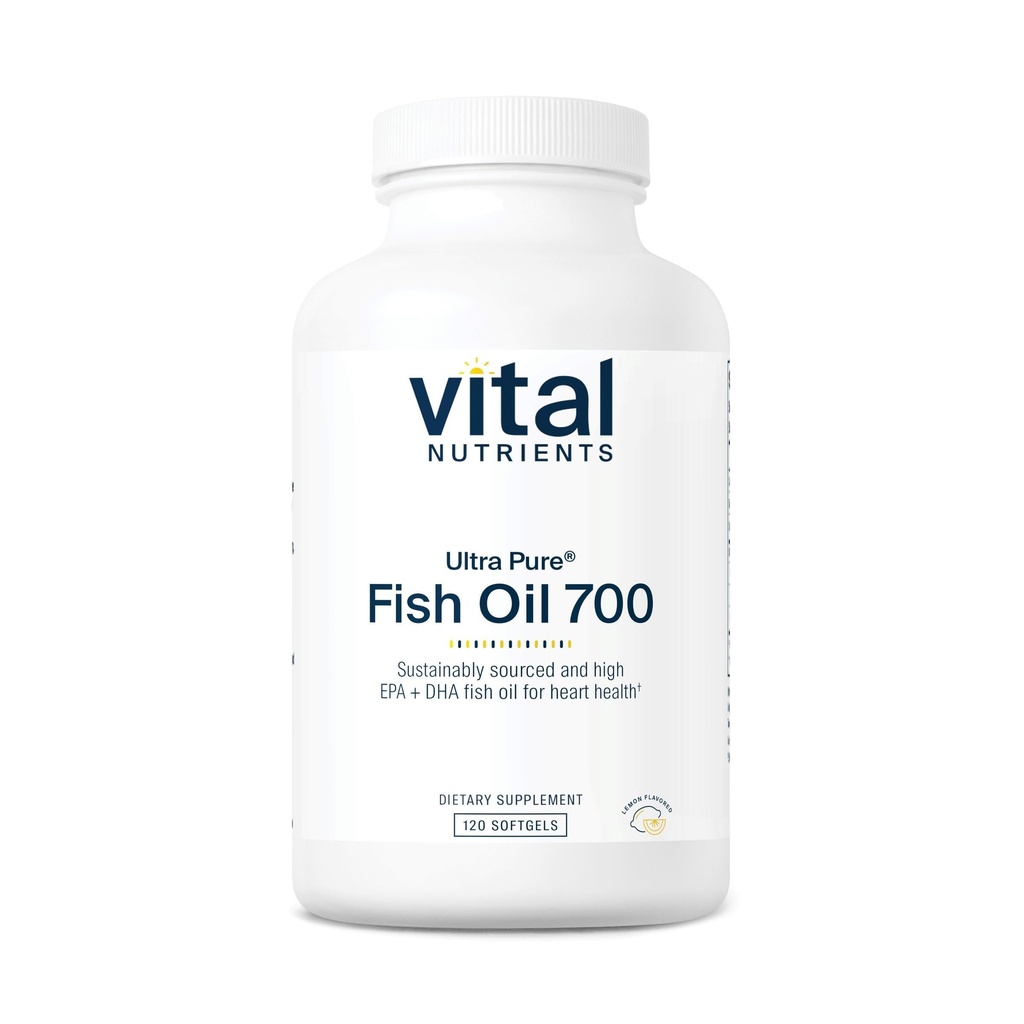 Vital næringsstoffer Ultra Pure® Fish Oil 700 | Støtter hjerte, hjerne og felles helse* | Oppnåelig kildet høy EPA & DHA Omega-3 fettsyre | Lemon Flavor | Gluten, Dairy & Soja Gratis | 120 Softgels