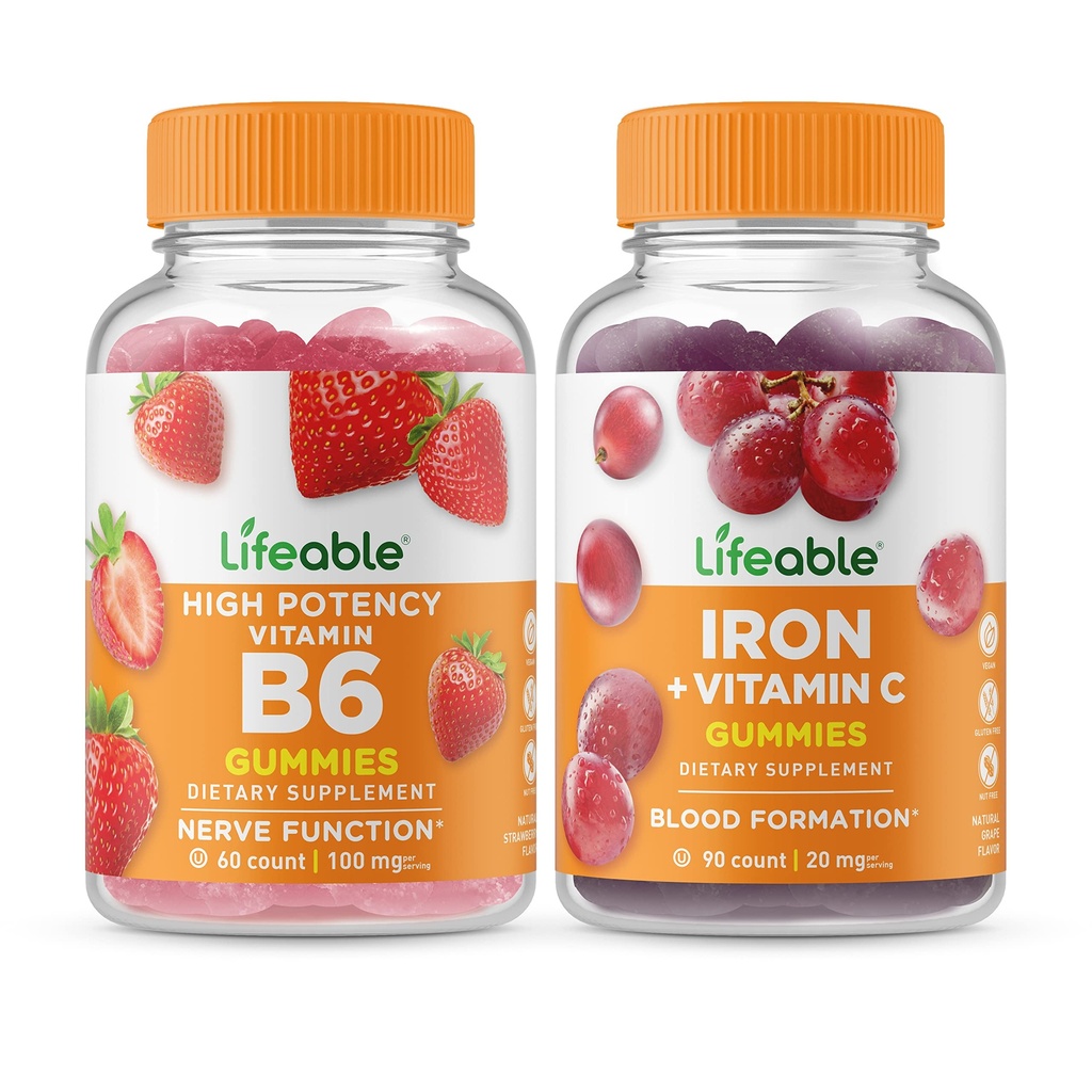 Levende vitamin B6 + jern med vitamin C, Gummies Bundle - Great Tasting, vitamin Supplement, Glutenfri, GMO Gratis, Chewable
