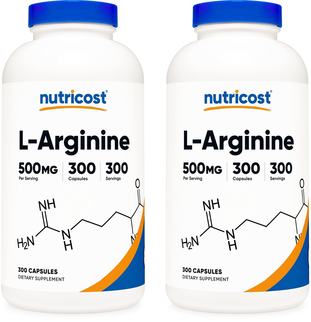 Nutricost L-arginin 500 mg, 300 kapsler (2 flasker)