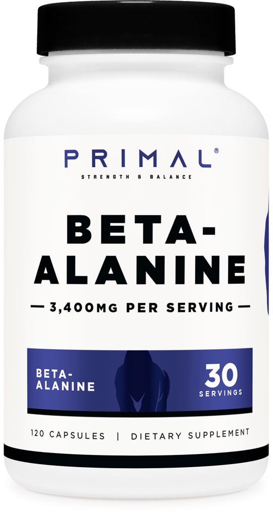 Primal Beta-Alanin Kapsler 3400mg (30 Serveringer, 120 Kapsler) - Supplement, Glutenfri og ikke-GMO, 850mg per Cap