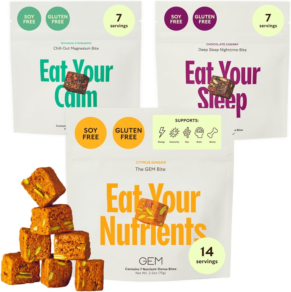 GEM Bite Complete Rutine Variety Pack med Daily Multivitamin (14 Bites), Chill-Out Calm (7 Chews) & Deep Sleep Aid (7 Chews)