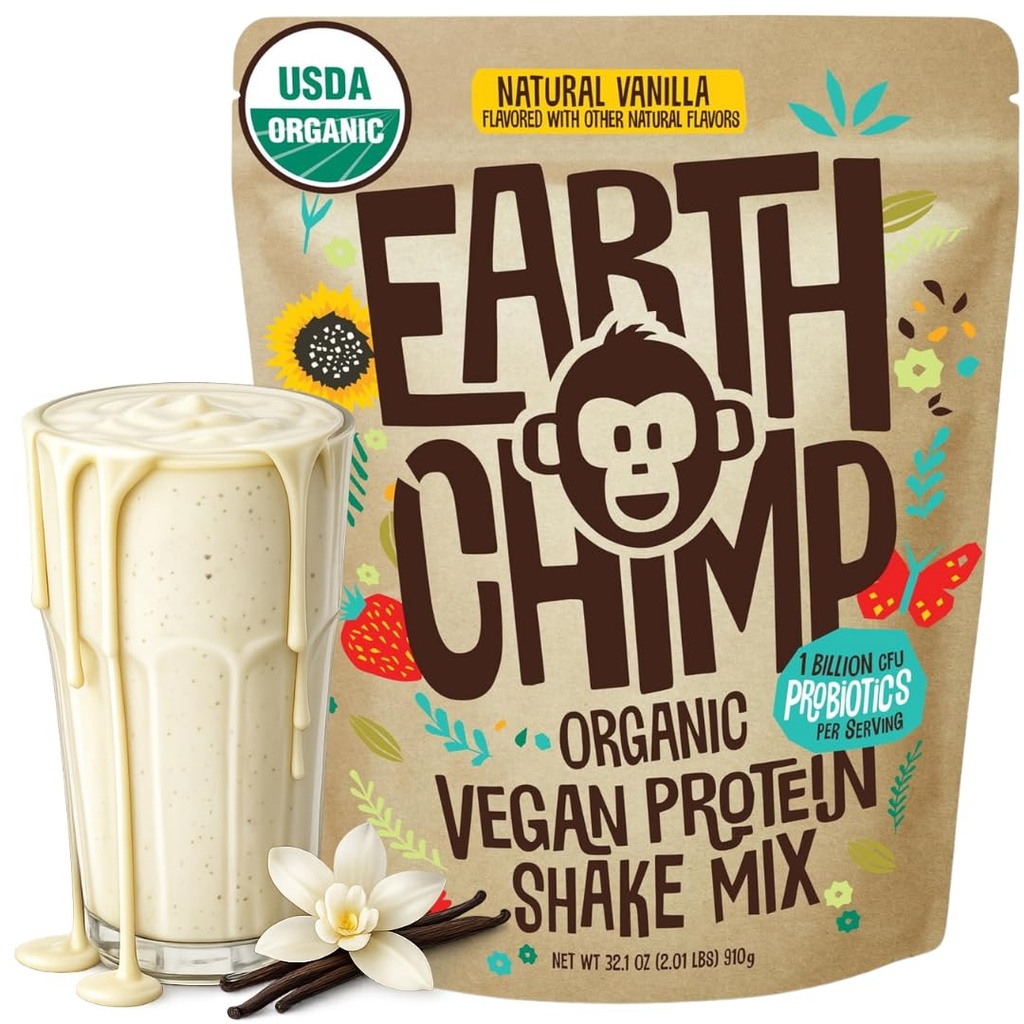 EarthChimp organisk vegansk protein pulver - med probiotika - ikke GMO, Dairy Free, Non Whey, Plant Basert Protein pulver for kvinner og menn, Glutenfri - 26 Serveringer 32 Oz (Vanilla)