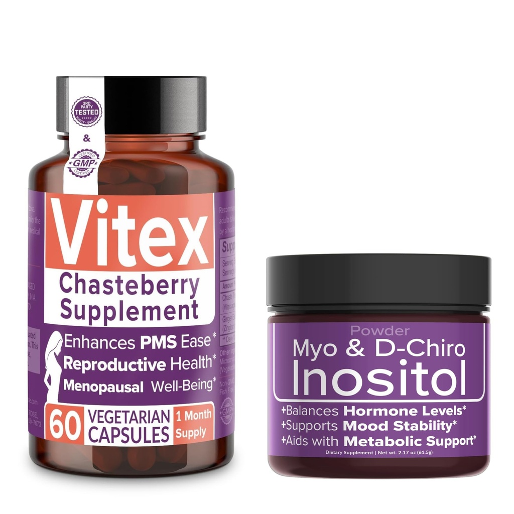 Intim Rose Spar 10% på Hormonal Balance & Reproduktiv velvære Bundle - Vitex Chasteberry Supplement + Myo & D-Chiro Inositol pulver for PCOS & Menstruell støtte