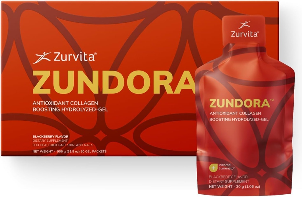 Zurvita - Zundora Collagen - Hydrolysert-Gel for sunn hår, hud og negler - Skjønnhet Boost med Verisol - BlackBerry Flavor - Reisestørrelse - 30 Services