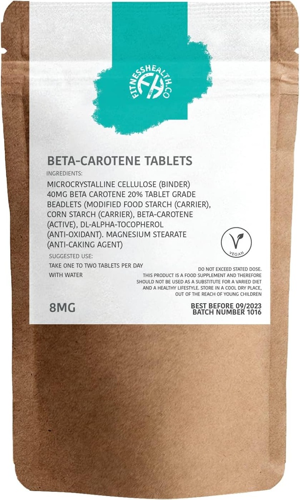 Fitness helse Beta-Carotene 8MG 120 tabletter - ren kilde til vitamin A - sunn hud og motstandsdyktig system - Tanning akselerator - Gluten & GMO-fri