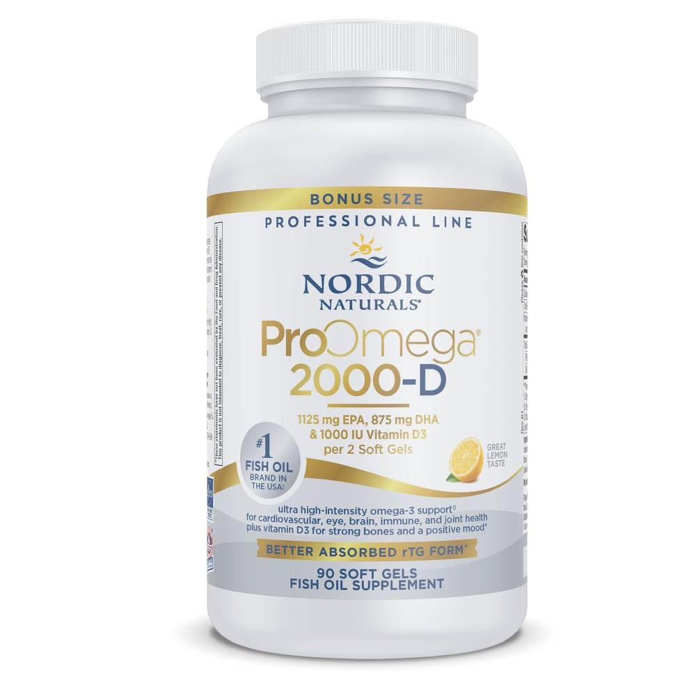 Nordic Naturals ProOmega 2000-D, Lemon Flavor - 90 Soft Gels - 2150 mg Omega-3 + 1000 IU D3 - Ultra høy potens fiskeolje - EPA & DHA - Hjerne, hjerte, og immun helse - Ikke-GMO - 45 Services