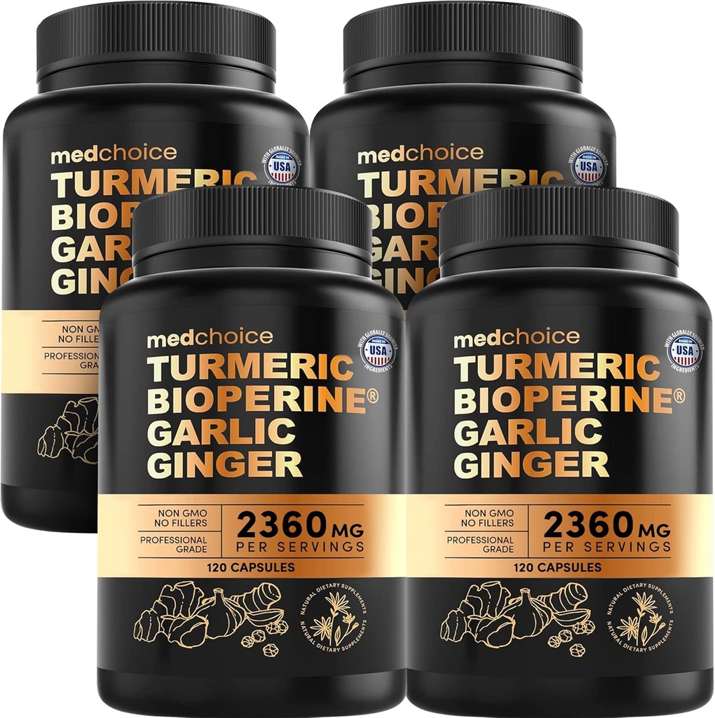 4-i-1 gurkemeie og hvitløk Supplements med BioPerine – 2360 mg gurkemeie Ginger Root Capsules med hvitløk – høy potens Herbal blanding (120 ct, pakke med 4)