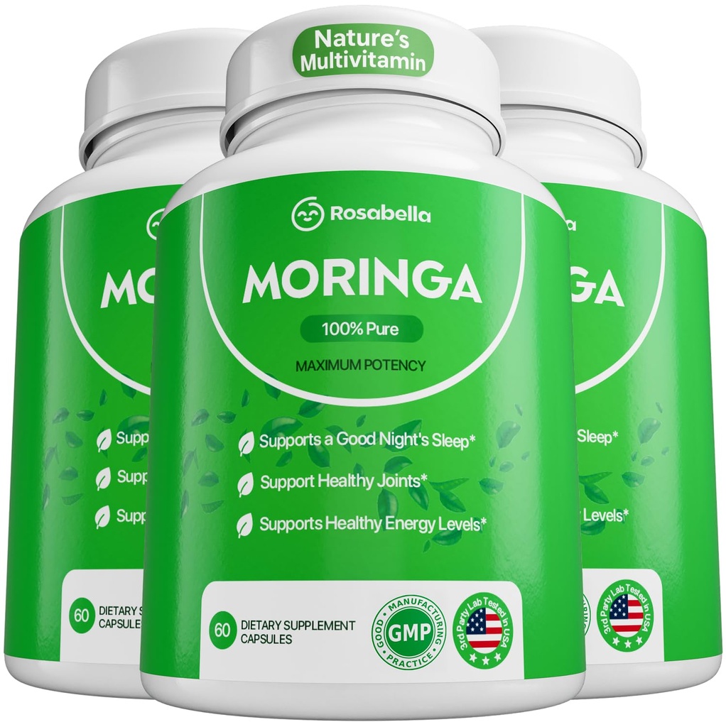 Rosabella Moringa Capsules - Pure Moringa pulver, energi, hud, immun & gut helse Supermat, rik på antioksidanter, essensielle vitaminer og aminosyrer, naturlige grønn supermat Supplement - 180 greve