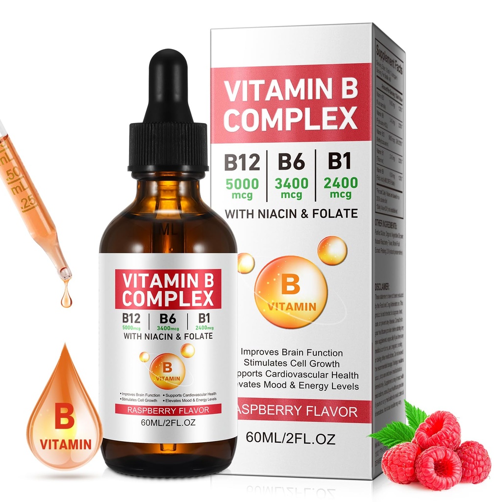 Vitamin B kompleks flytende, vegansk vitamin B12 flytende dråper | B12 Methylcobalamin | B1 Thiamin | B6 Pyridoxin | FOLIC | Niacin - B kompleks flytende dråper, støtte energi, hjerne og hjerte, 40 serveringer