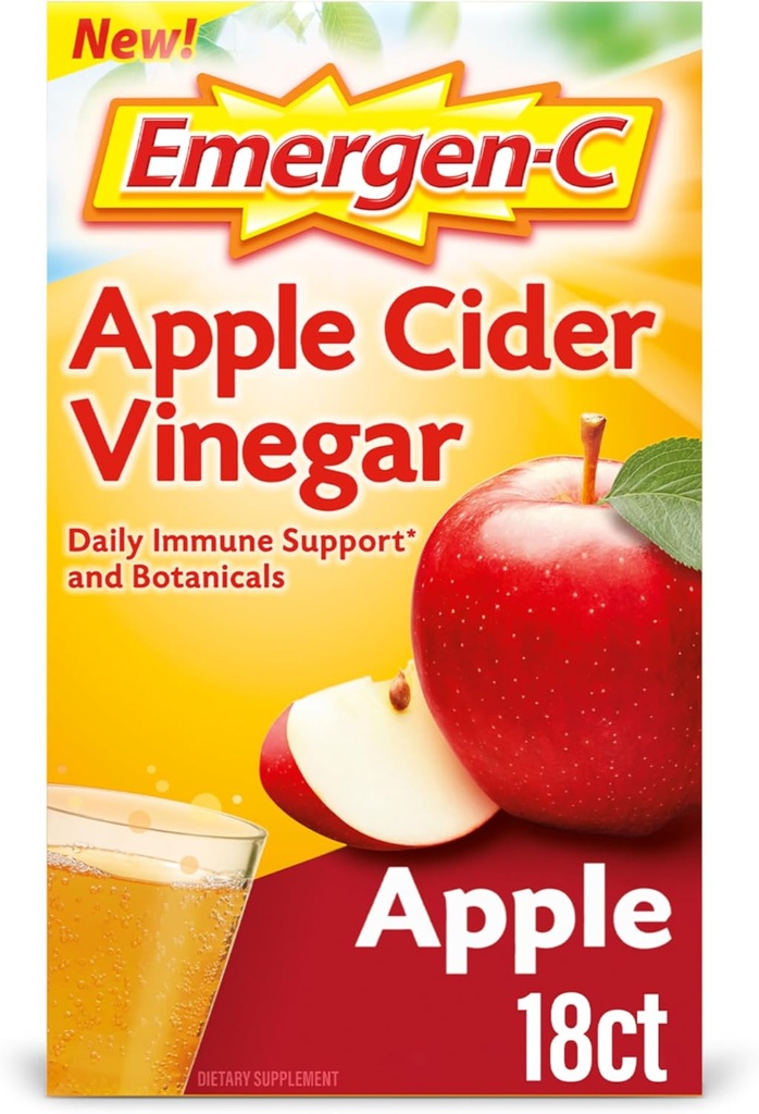 Emergen-C Apple Cider Vinegar Vitamin C Fizzy Drink Mix, Kosttilskudd for immunstøtte, Apple - 18 Count