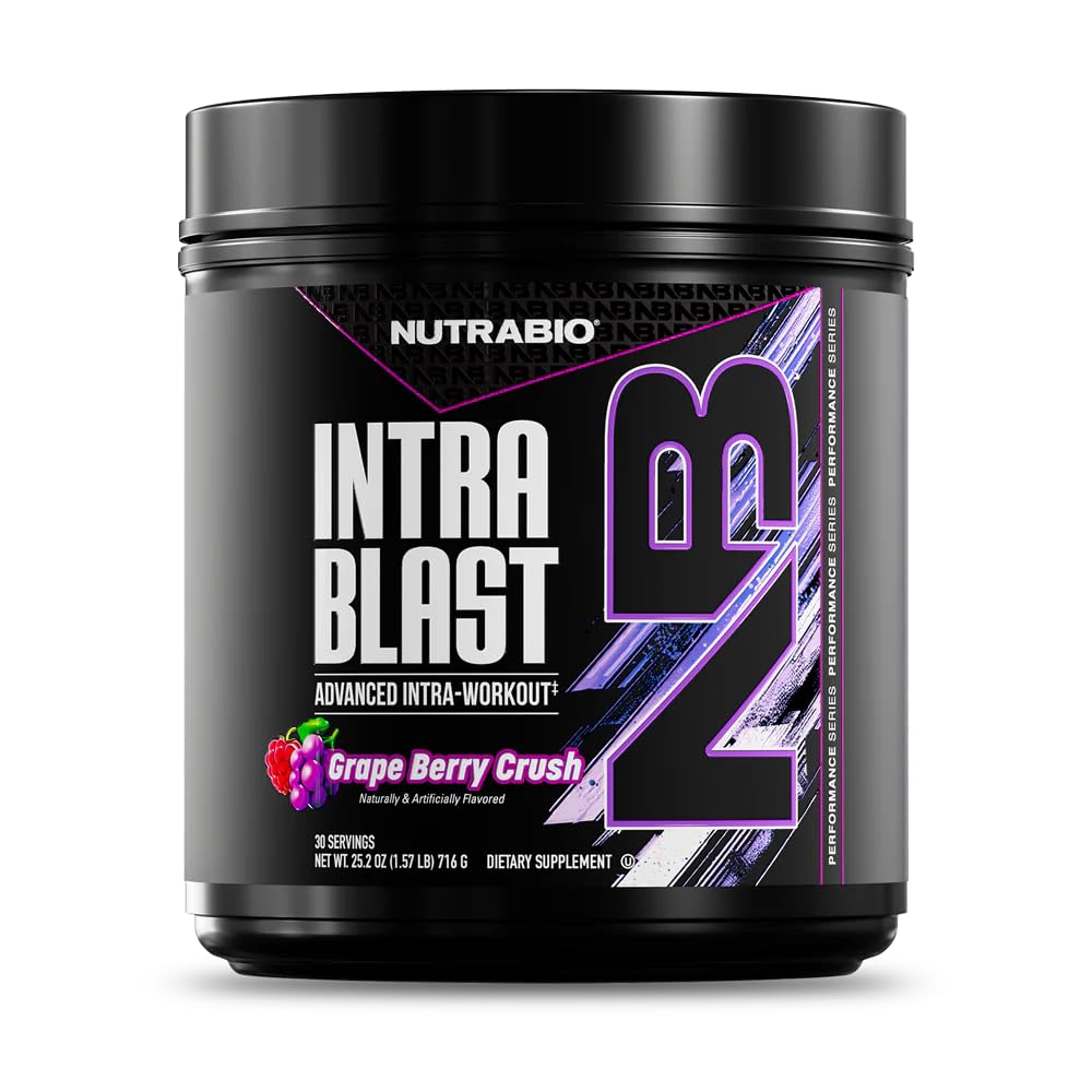NutraBio Intra Blast Bcaa Powder Aminosyre Supplement, Electrolyte & Hydration Blend, Intra, Før trening og muskelgjenvinning, 20g Eaa Aminosyrer pulver, 5g Glutamin- Grape Berry Crush, 30 Servering