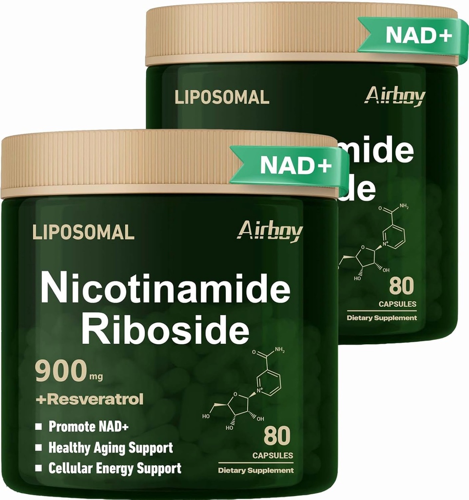 Airboy Liposomal Nicotinamid Riboside 900 mg, NAD Supplement med Resveratrol, NMN Alternative NAD Booster støtte anti-aging, energi, fokus - 80 Capsulesx 2 Pack