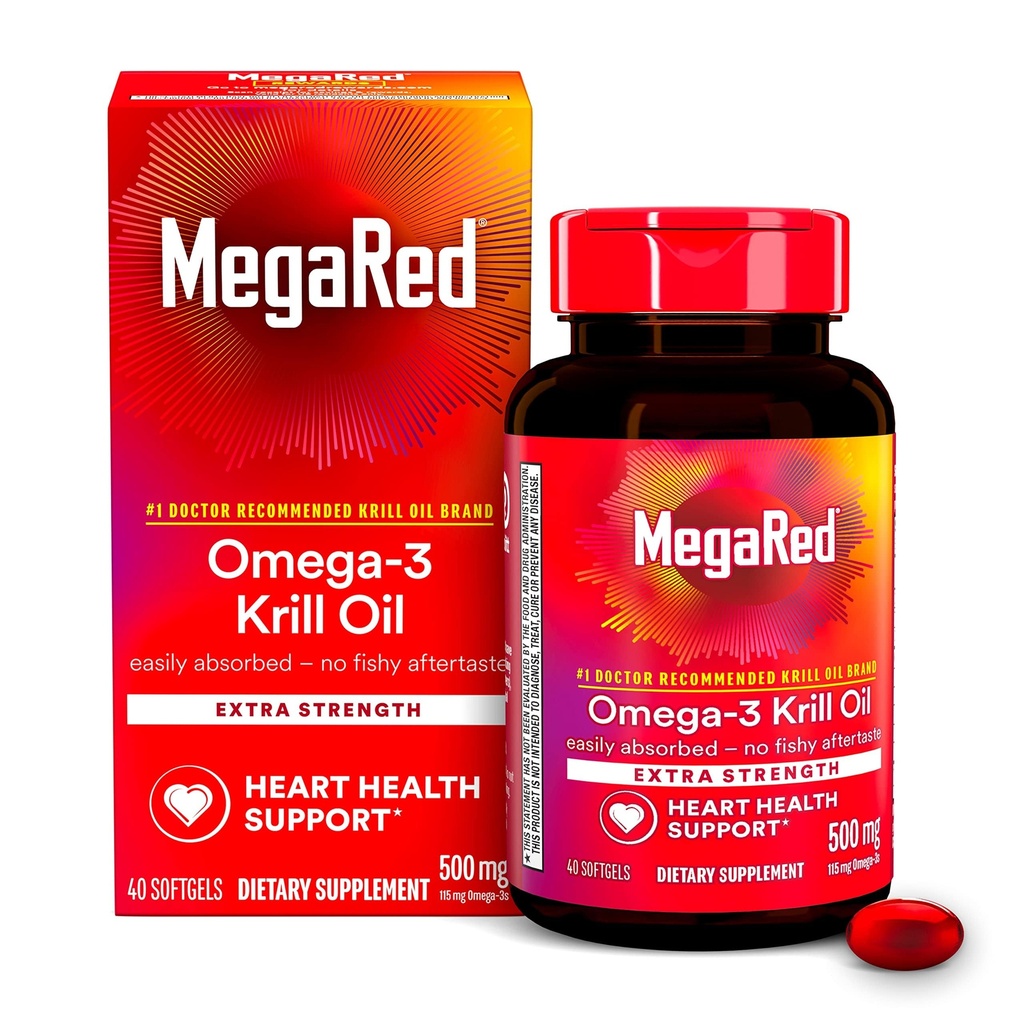 MegaRed Omega-3 krill olje 500mg ekstra styrke softgels (40 greve i en eske) - Krill olje ingen fiskelig ettersmak