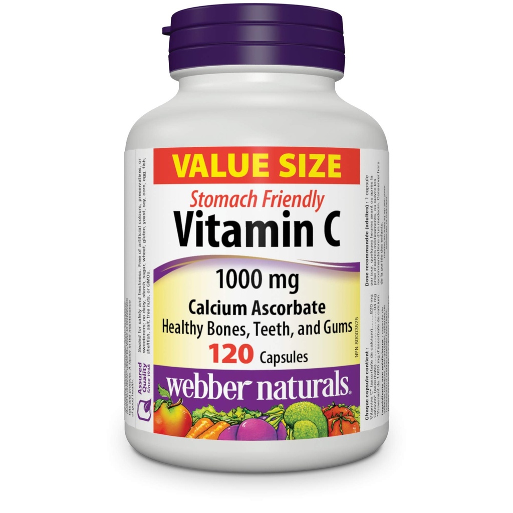 Webber Naturals Vitamin C Kalsium Ascorbate 1000 mg · Magevennlig, 120 kapsler