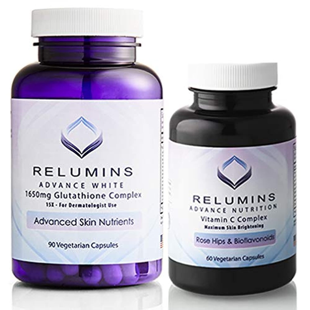 Aluminium Avansert Hvitt sett - 1650mg Glutathione Complex (90 kapsler) og avansert vitamin C med rose HIPS og bioflavonoider (60 kapsler) Bundle