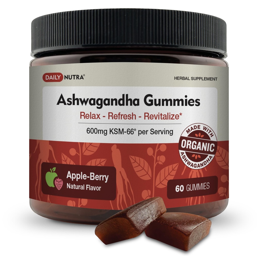 KSM-66 Ashwagandha Gummies - 600 mg organisk rotekstrakt per servering - Delicious Natural Apple-Berry Flavor | støtter avslapning, fokus og energi (60 gummies)